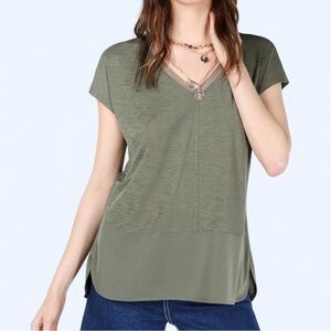 Bar III Green Mixed Media V-Neck Mesh top